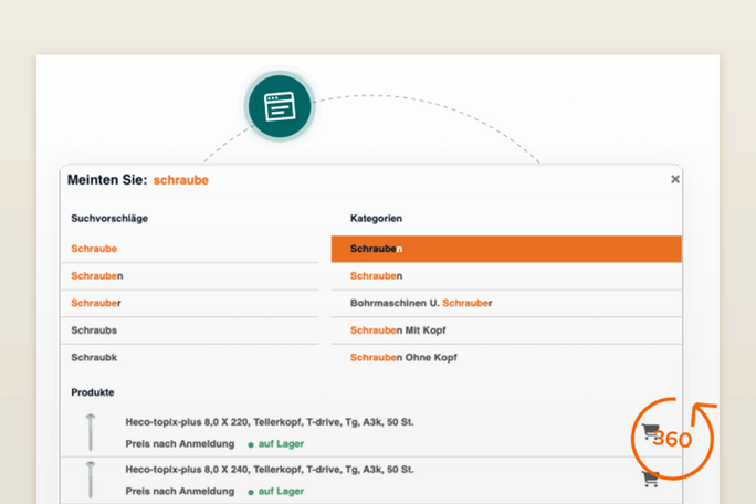 Screenshot of an EDE online shop with search suggestions, categories, and product displays for screws, based on an intelligent search function.