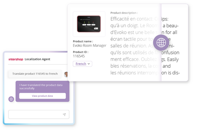 Intershop Localization Agent translating product content into 25+ languages; example: ‘Evoko Room Manager’ description automatically rendered in French.